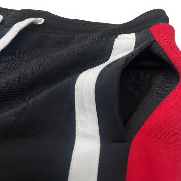 Black & Red Color Block Stripe Men's Hoodie & Sweat Pants Set, Pockets on Both - Picture 2 of 9